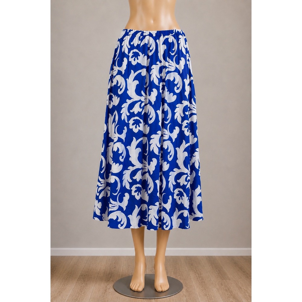 H&M Blue White Scroll Print Boho Skirt Womens XL Elastic Waist Silk Feel Flowy